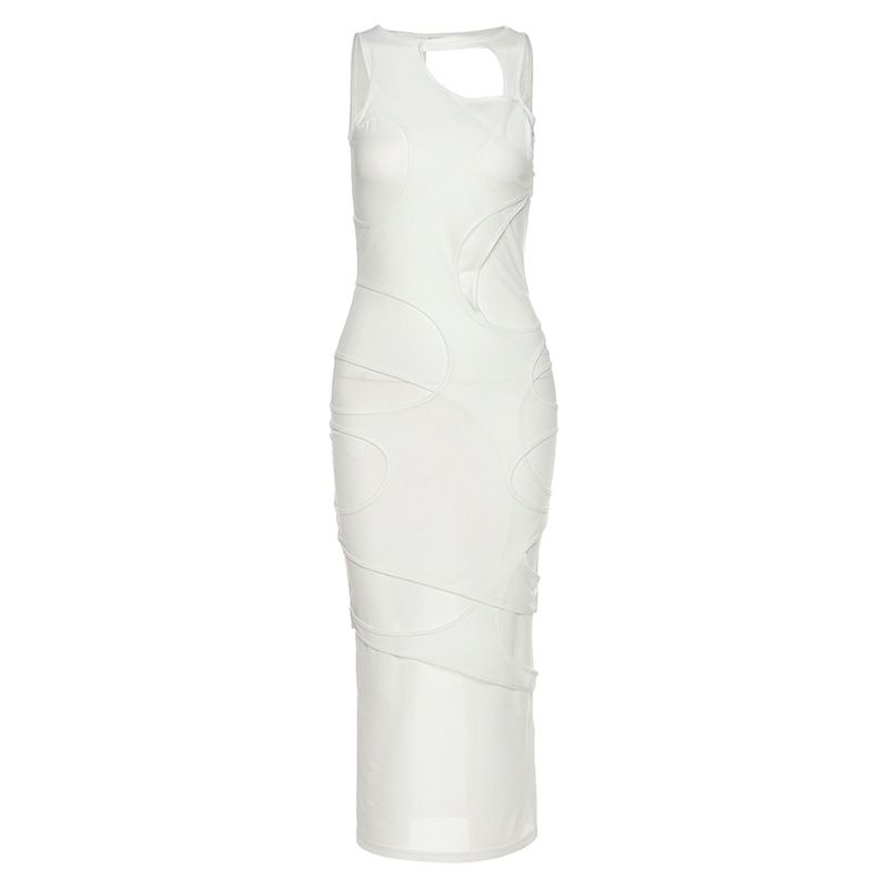 Color: White, Size: M - Women&#39;s Sexy See-Through Long Skirt Stitching Fake Two-Piece Hip Dress