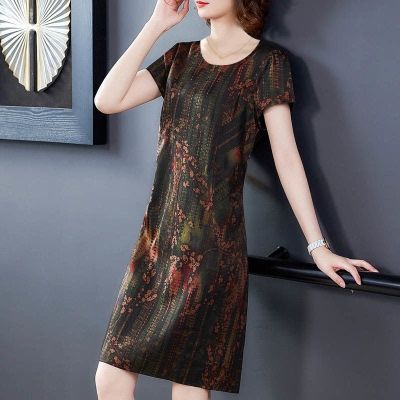 Color: Green, Size: L - Dress Women&#39;S Dress Medium Length Summer New Noble Foreign Style Mother Heavy Silk Skirt