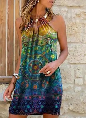 Color: 1.style, Size: 2XL - New Metal Hanging Neck Sleeveless Printed Dress Women