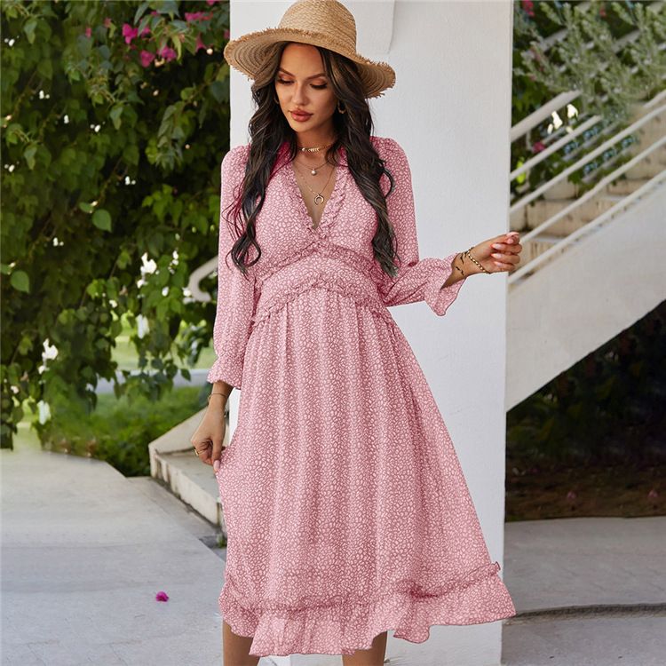 Color: Pink, Size: M - Printed Women&#39;s V-neck Stitching Long-sleeved Midi Dress