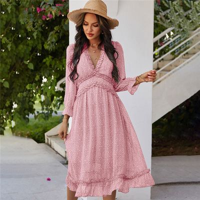 Color: Pink, Size: M - Printed Women&#39;s V-neck Stitching Long-sleeved Midi Dress