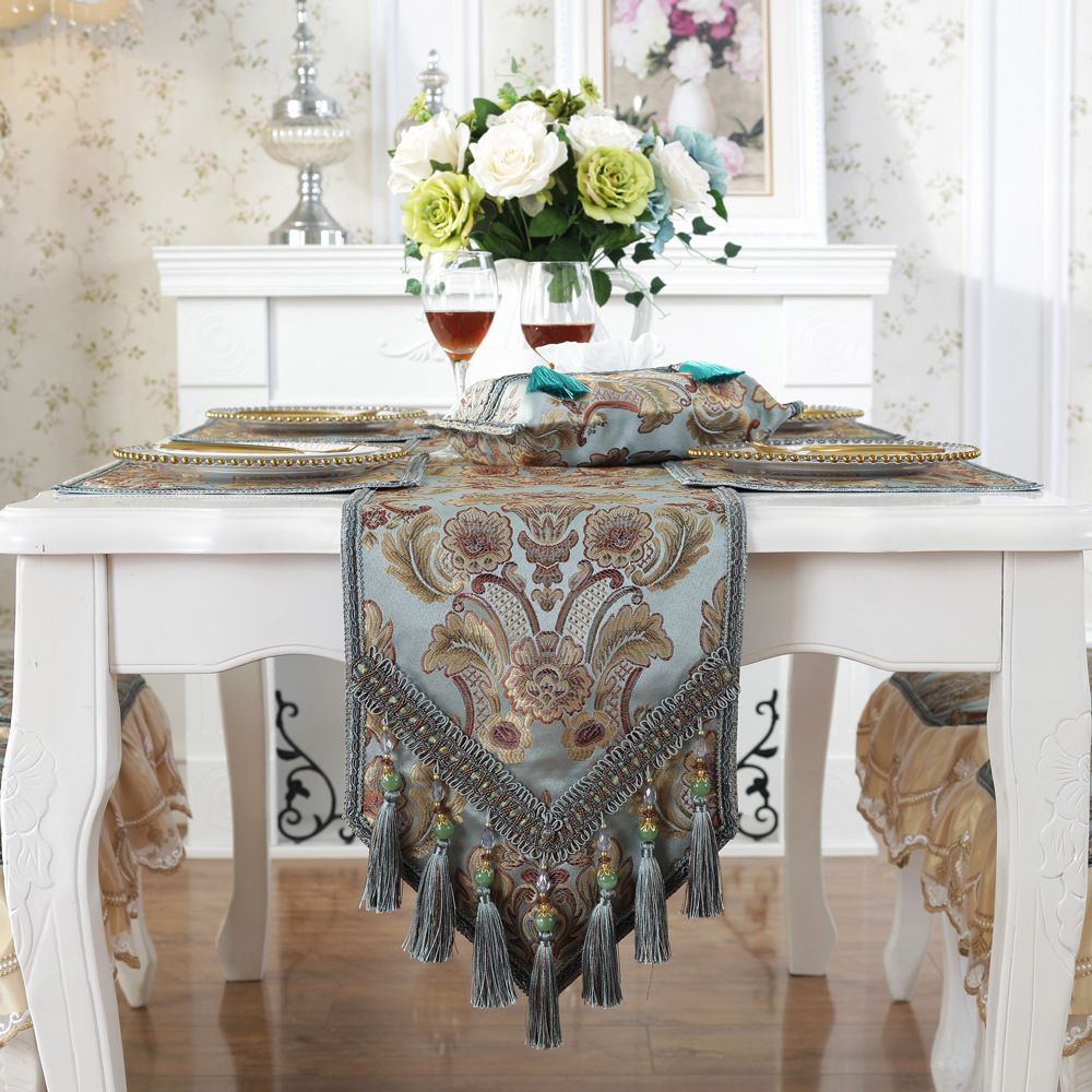 Color: Brown without lace, Size: 296 cm - Retro Blue Coffee Table Cloth Mat Towel Shoe Cabinet Entrance TV Cabinet Cover Cloth