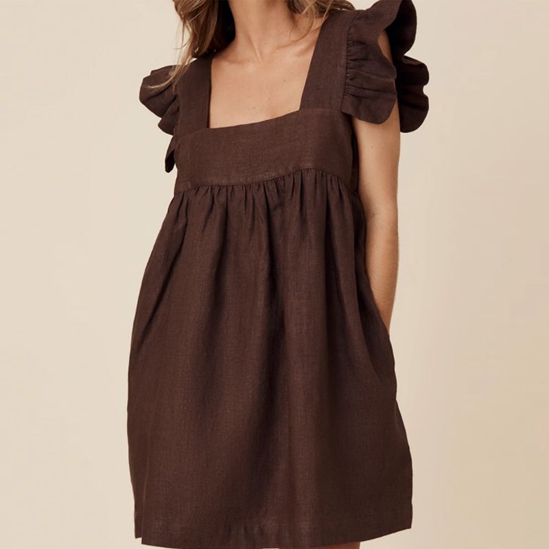 Color: Brown, Size: M - Casual Dress Women Yellow Skirt Loose Casual Ruffled Flying Sleeve Dress Chiffon Skirt