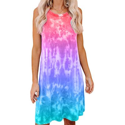 Color: Rose Red, Size: 2XL - Tie-dye Printed Loose Short-sleeved Dress Women