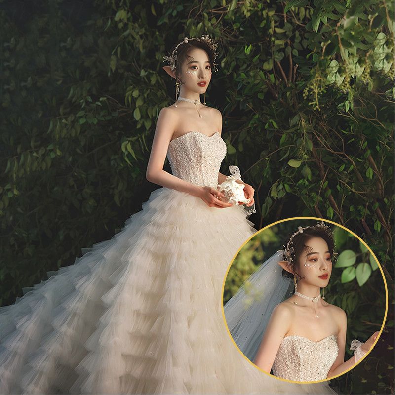 Color: Flush Model, style: With Veil-L, Size:  - Women&#39;s Temperament Fashion Large Trailing Breasted Simple Dress
