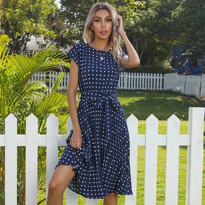 Color: Blue, Size: XL - Mid Length Polka Dot Round Neck Short Sleeve Lace Up Dress For Women