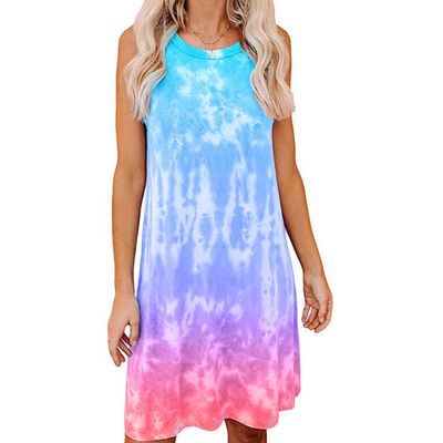 Color: Sky Blue, Size: S - Tie-dye Printed Loose Short-sleeved Dress Women