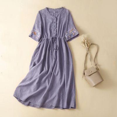 Women's Embroidered Drawstring Mid Length Short Sleeve Dress