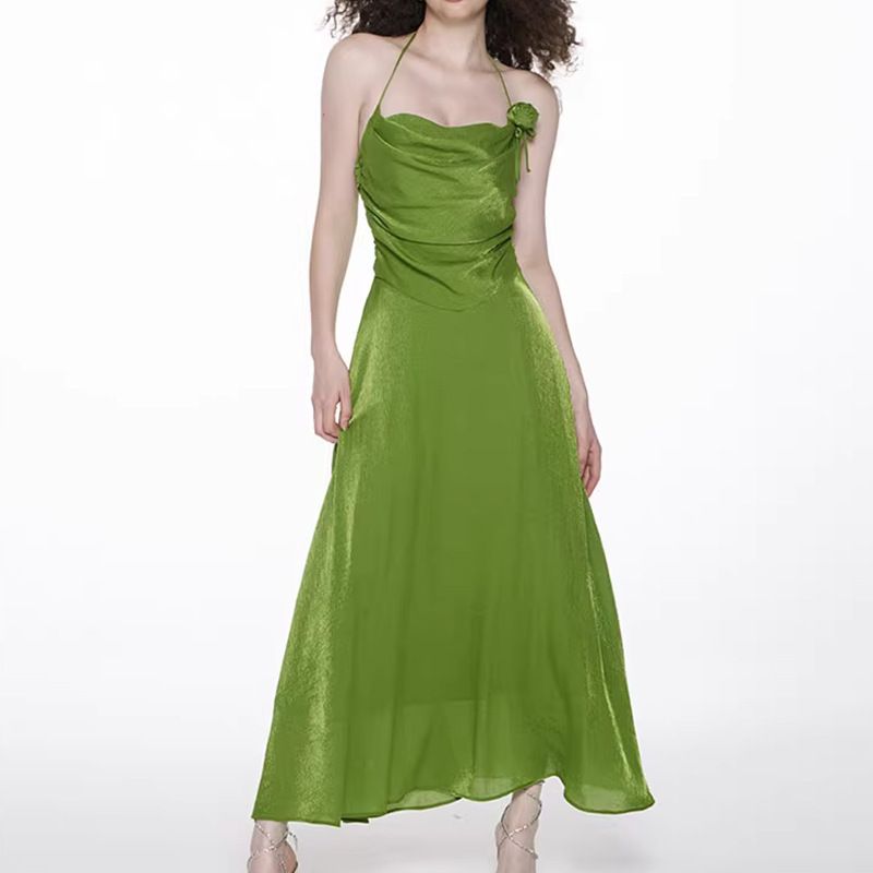 Color: Bud Long Green Section, Size: L - Satin Halter Long Sling Dress Women
