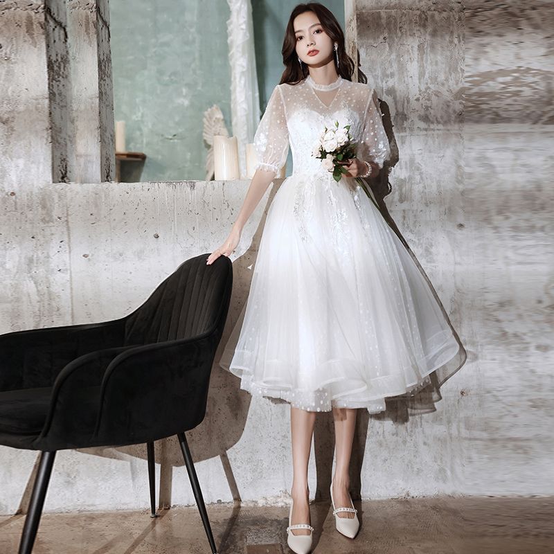 Color: White Medium Length, Size: XL - Women&#39;s Champagne Long Sleeve Evening Dress