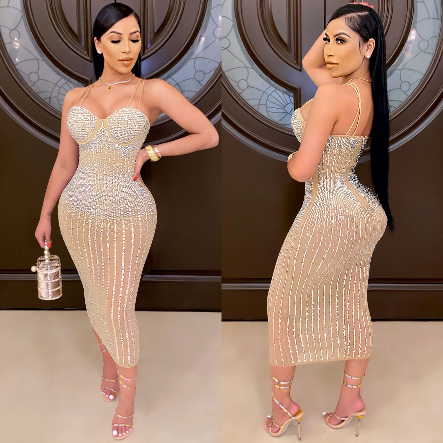 Women&#39;s Yarn See-through Rhinestone Strap Dress