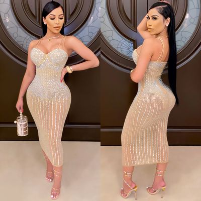 Women's Yarn See-through Rhinestone Strap Dress