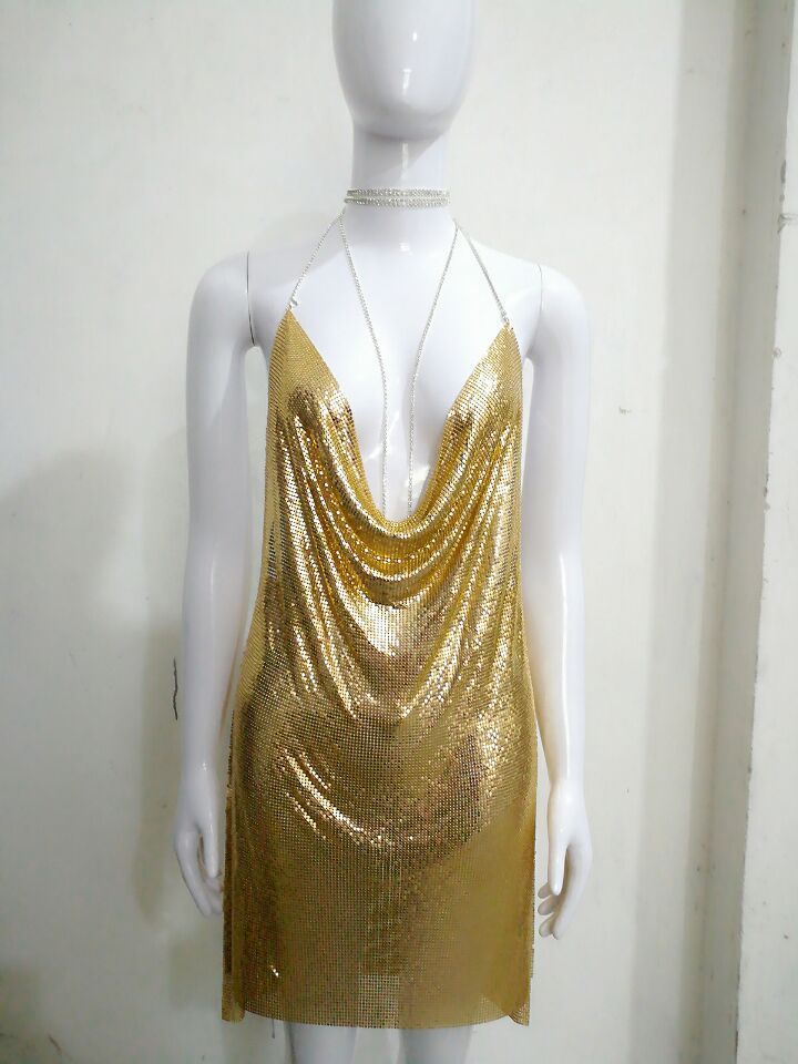 Color: Gold, Size: L - Metal Sequins Dress Rhinestone Women