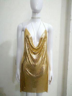 Color: Gold, Size: L - Metal Sequins Dress Rhinestone Women