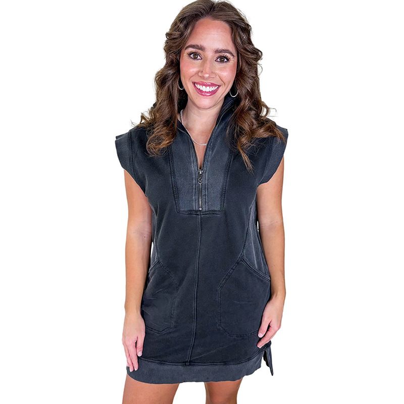 Color: LC6120407 Black, Size: XL - Women&#39;s Casual Half Cardigan Zipper Straight Sleeveless Dress