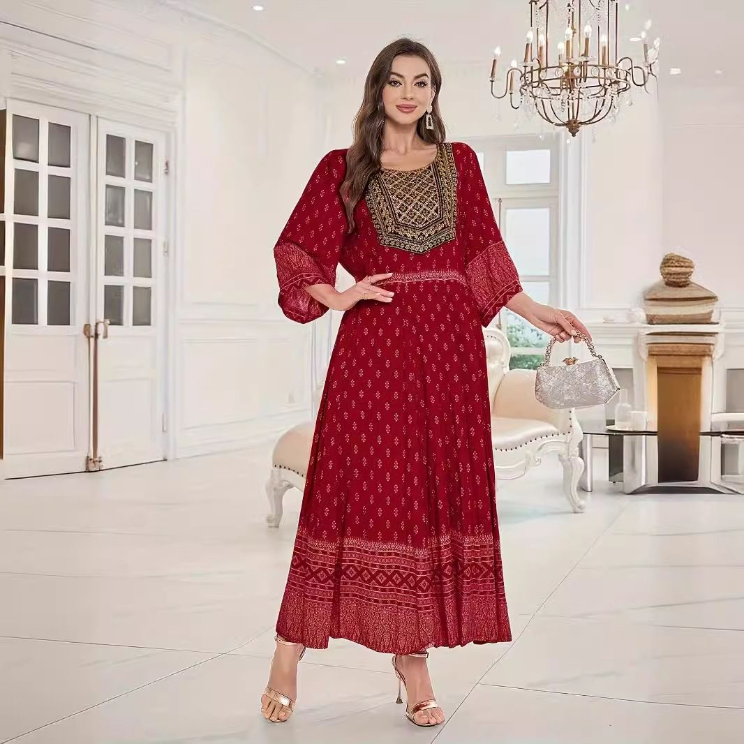 Ethnic Style Flat Collar Cotton Silk Short Sleeve Dress Women