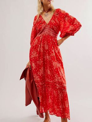Color: Red, size: S - Lantern Long Sleeve V-neck Waist-slimming Women&#39;s Long Dress