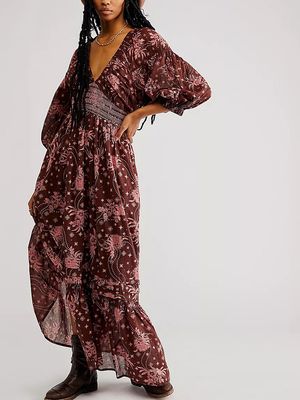 Color: Brown, size: S - Lantern Long Sleeve V-neck Waist-slimming Women&#39;s Long Dress
