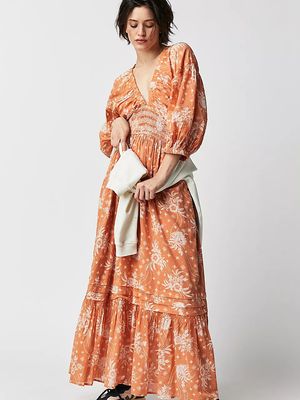 Color: Orange, size: S - Lantern Long Sleeve V-neck Waist-slimming Women&#39;s Long Dress