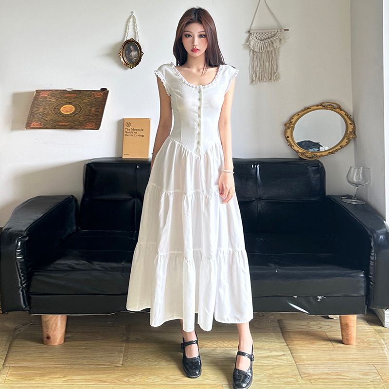 Women&#39;s Round Neck Single-breasted Sleeveless Stitching Lace Fresh Dress