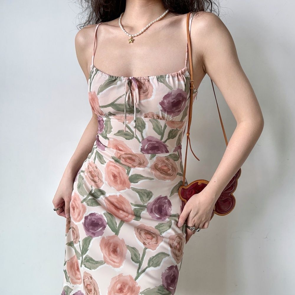 Vintage Printed Suspender Skirt Women&#39;s Floral Dress