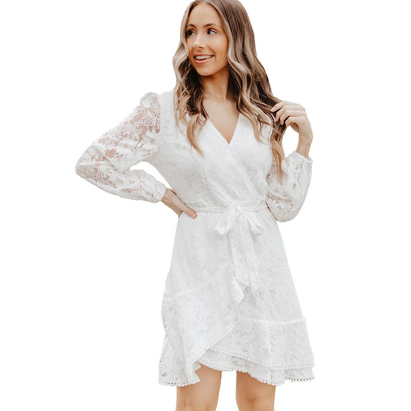 Color: White, Size: S - Long Sleeve Dress Women&#39;s Cross-border Deep V Sleeve Lace Patchwork Waist-slimming