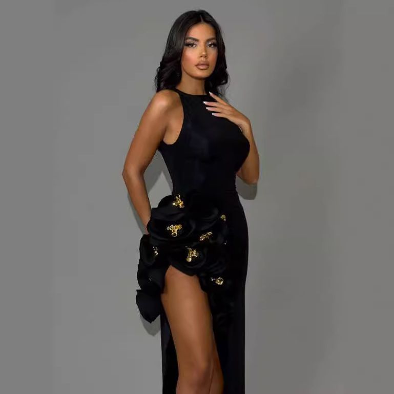 Women&#39;s Three-dimensional Flowers Slit Black Dress