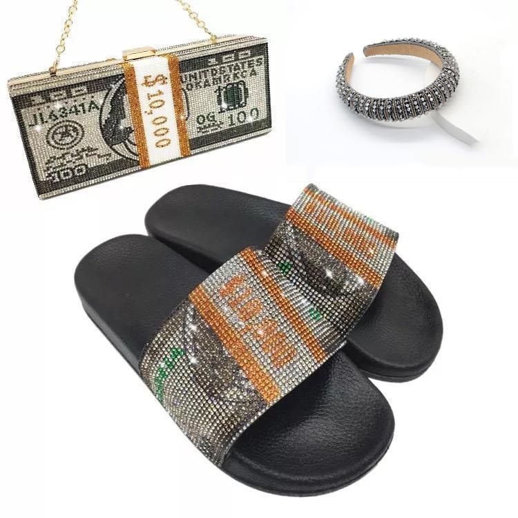 style: J, Size: 38 - European and American Rhinestone Dollar Slippers Women&#39;s Summer Wear Fashion All-match Sandals