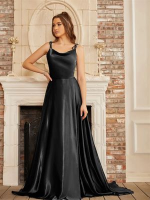 Color: BlackCPS3025, Size: L - Elegant Women Maxi Beach Satin Dress Leg Slit Lace Up