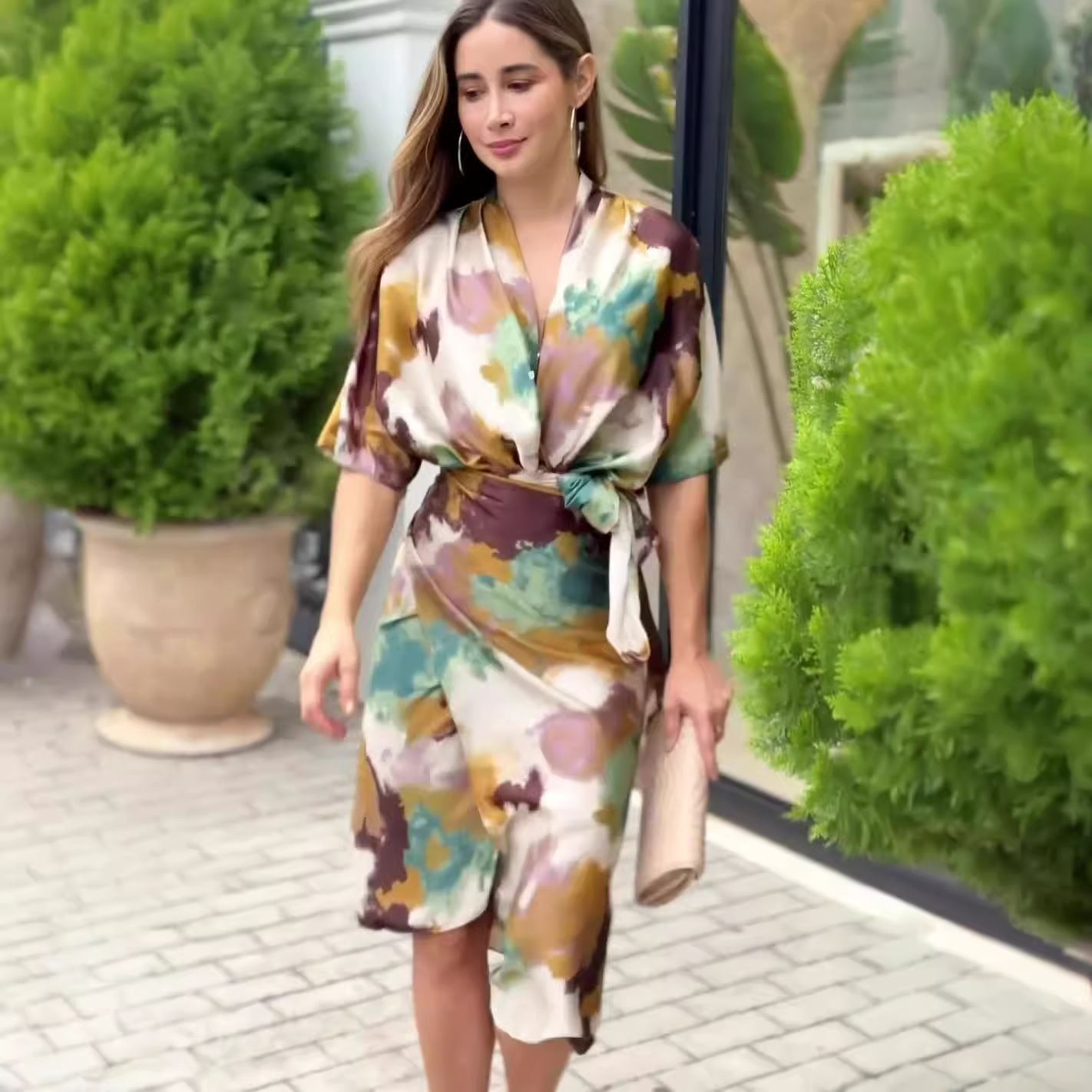 Women&#39;s V-neck High Waist Slim Fit Fashion Printed Sheath Dress