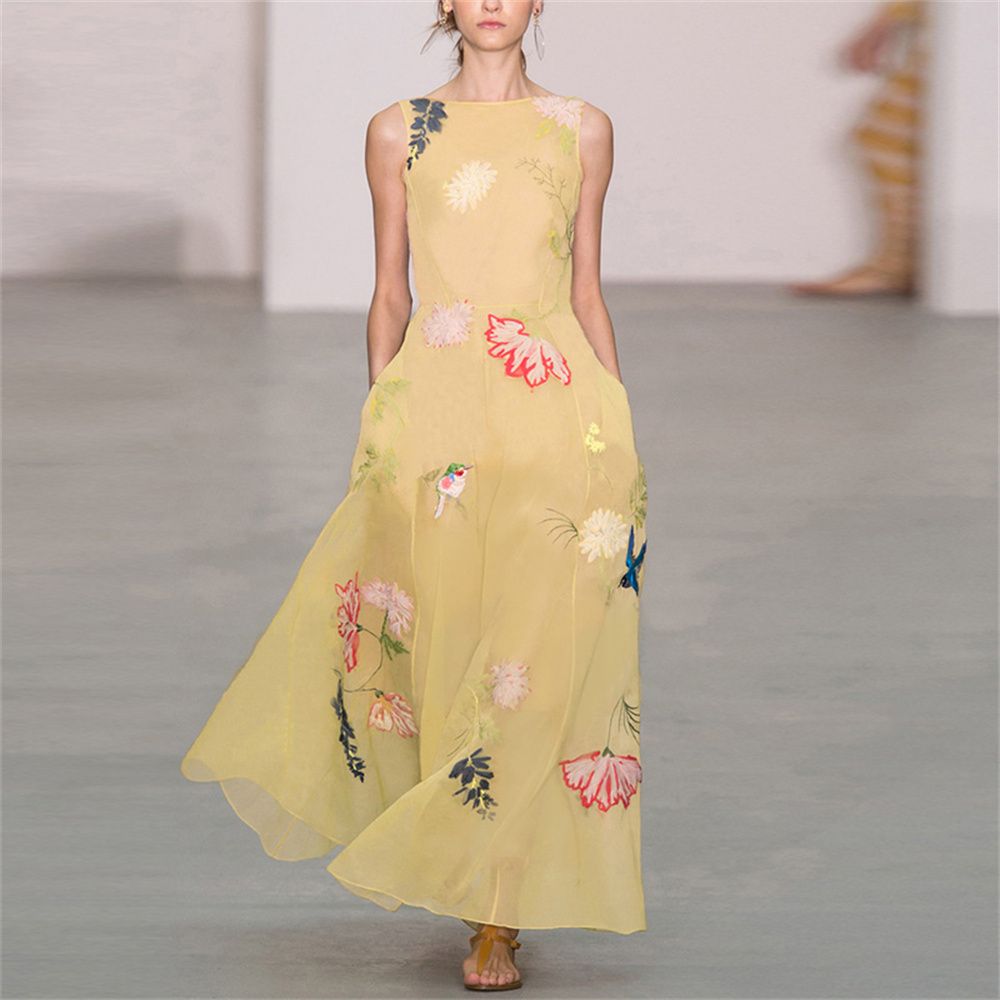 Women&#39;s Sleeveless Print Slim Dress With Crew Neck