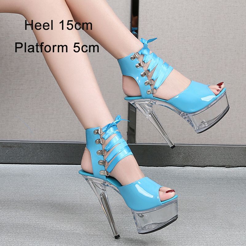 Size: 39, Color: Lake bluetransparen 15cm 15cm - Fish Mouth Women&#39;s Summer Super High Heel Sandals Hollow Stiletto Heels
