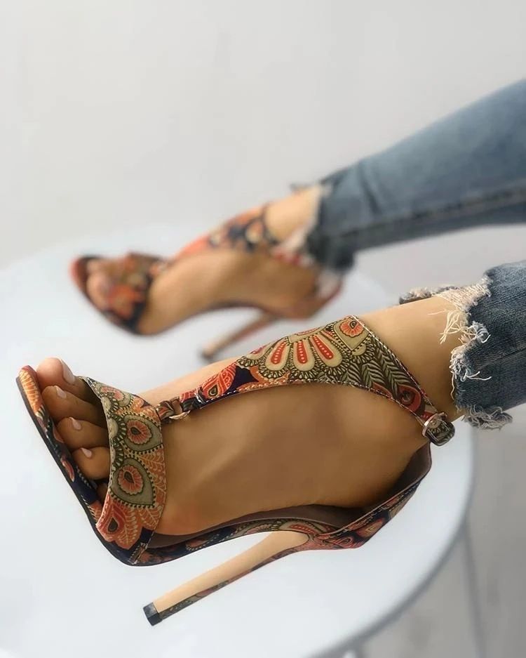 Color: Bronze, Size: 40 - Women&#39;s Shoes Stiletto High Heels 40-43 Large Size Printed High Heel Sandals