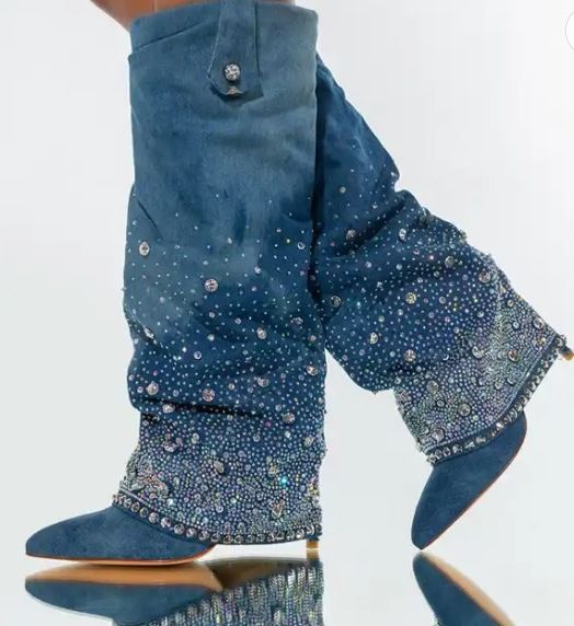 Color: 1color, Size: 42 - Heavy Industry Pointed Toe Stiletto Rhinestone Women&#39;s Boots Jeans Pipe Boots