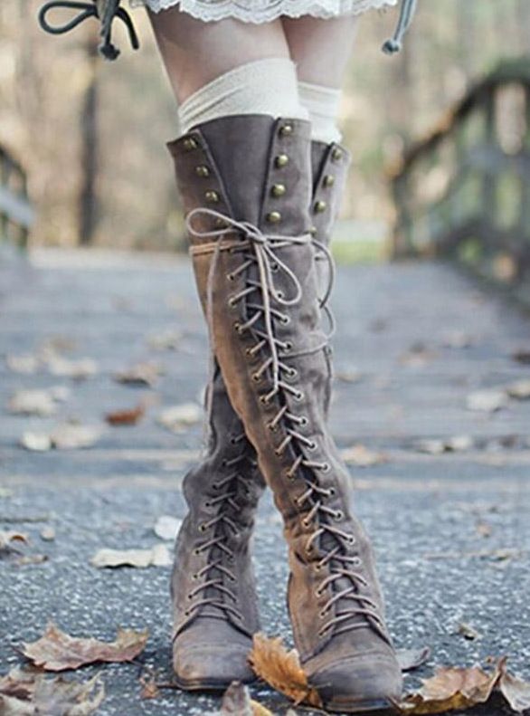 Color: Gray, Size: 36 - Solid Color Thick Low Heel High-top Lace-up Fashion Women&#39;s Boots