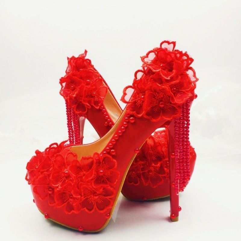 Specifications: 14cm Heel Red, Size: 37 - Male Lace High-heeled Shoes Korean Style, Flower Rhinestone Tassel Bride