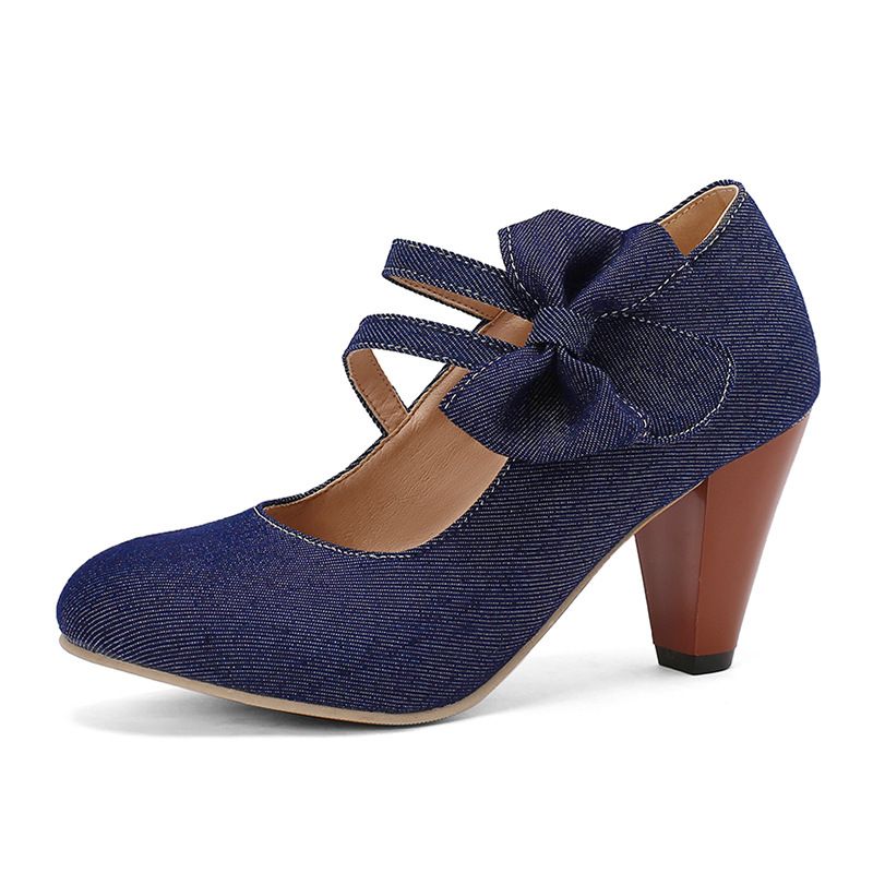 Color: Dark Blue, Size: 36 - Round Toe High Heels Denim Bow