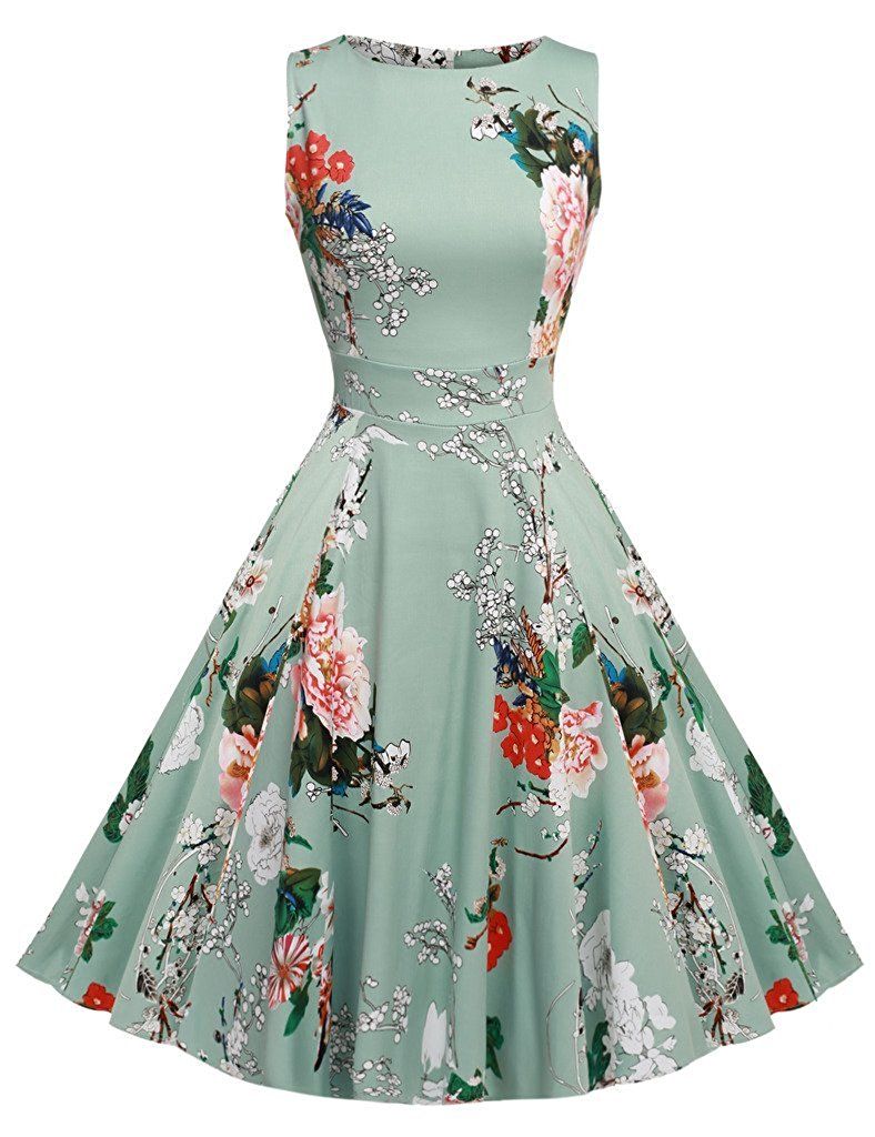 Style: 09, Size: XL - Women&#39;s cotton round neck dress sleeveless print Hepburn retro skirt