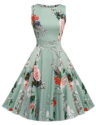 Style: 09, Size: XL - Women&#39;s cotton round neck dress sleeveless print Hepburn retro skirt