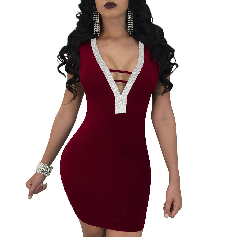 Color: Dark Red, Size: S - Sexy Slim Ladies Deep V-neck Bodycon Party Dresses Women Summer Sleeveless Hollow Out Backless Package Hip Dress Clubwear
