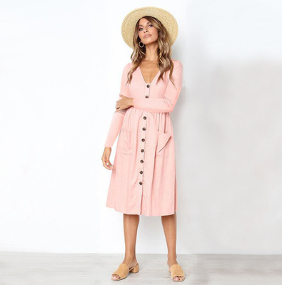 Color: Pink, Size: M-Long sleeve, style:  - Autumn fashion v-neck button wild pocket long-sleeved women&#39;s dress