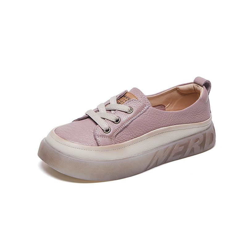 Color: A2318 Light Purple, Size: 39 - First Layer Cowhide Shallow Mouth Pumps Female Genuine Leather Casual Board Shoes Rubber Platform Shoes