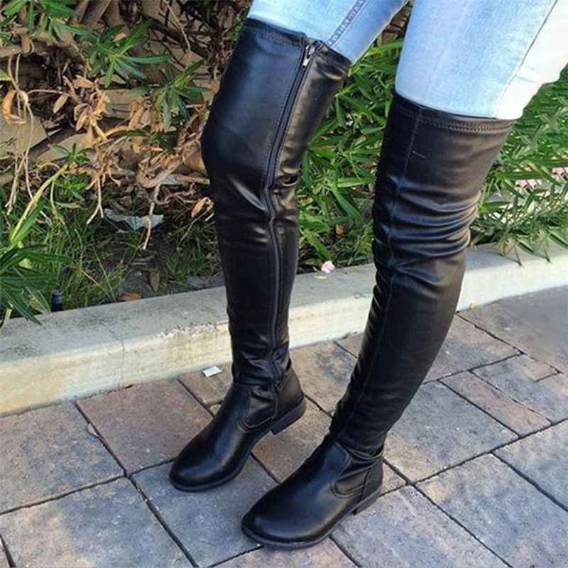 Color: Black Single Liner, Size: 41 - Round Head Low Square Heel Over The Knee Boots