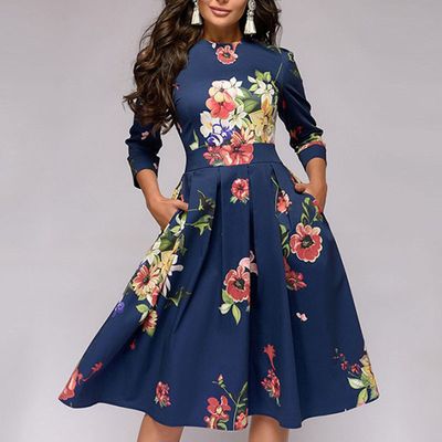 Color: Blue, Size: XXL - Women Elegent A-line Dress 2021 Vintage printing party vestidos Three Quarter Sleeve women Autumn Dress