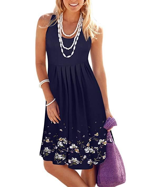 Color: Navy, Size: XL - Sleeveless Floral Print Loose Summer Dress Fashion Casual Women Dress