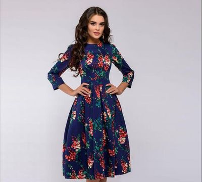 Color: Purple, Size: XXXL - Women Elegent A-line Dress 2021 Vintage printing party vestidos Three Quarter Sleeve women Autumn Dress