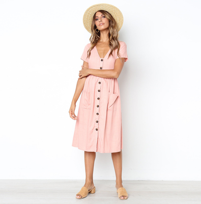 Color: Pink, Size: S-Short sleeve, style:  - Autumn fashion v-neck button wild pocket long-sleeved women&#39;s dress