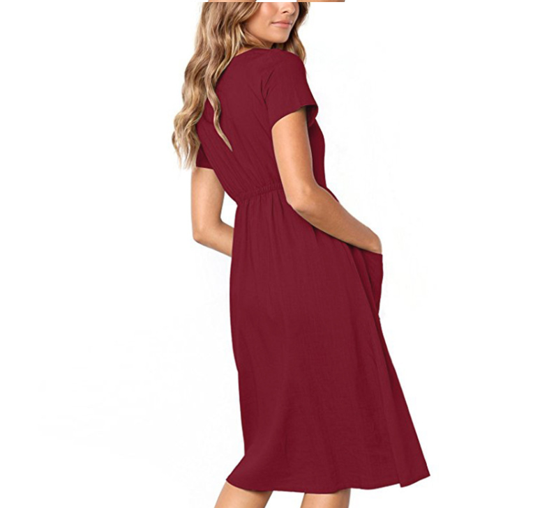 Color: Red, Size: XXL-Short sleeve, style:  - Autumn fashion v-neck button wild pocket long-sleeved women&#39;s dress