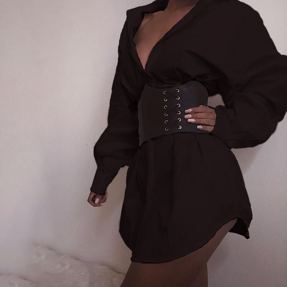 Color: Black, Size: L - Women&#39;s Deep V Waist Dress