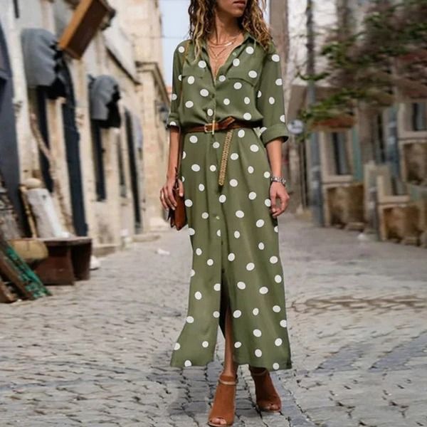 Color: Army green, Size: XXL - Fashion Women Casual Long Sleeve Dress Loose Long Blouse Shirt Dress Summer Elegant Dresses